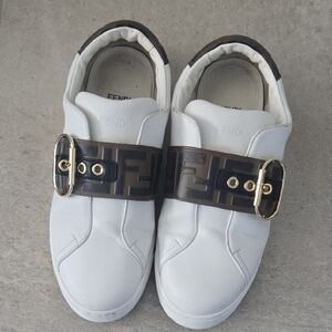 Fendi White and Brown Sneakers with Gold Buckle